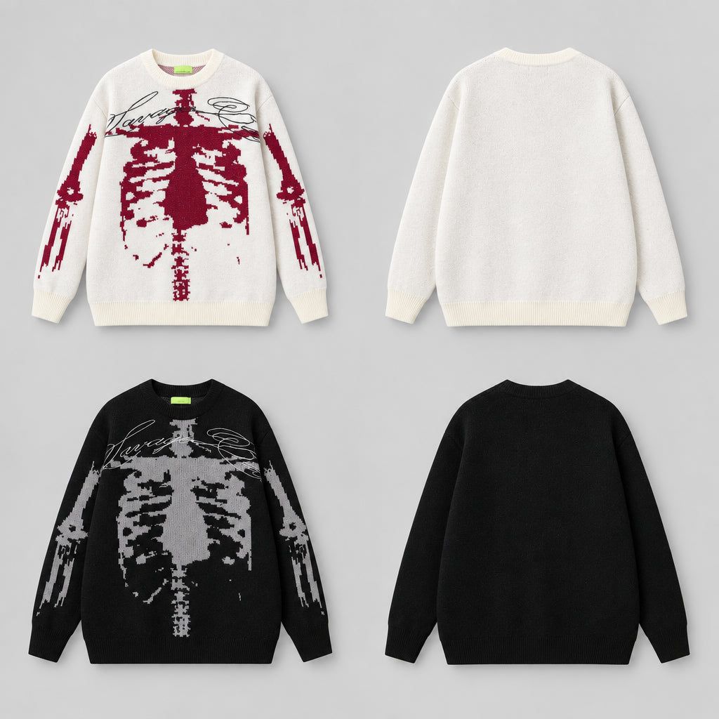 Skeleton jacquard knit sweater views: cream with red skeleton, black with white skeleton
