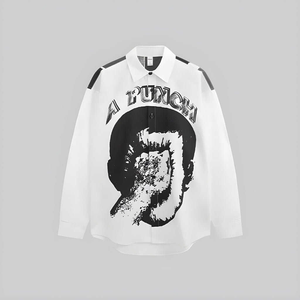 Ivory seersucker button-up shirt with black portrait graphic, long sleeves and collar