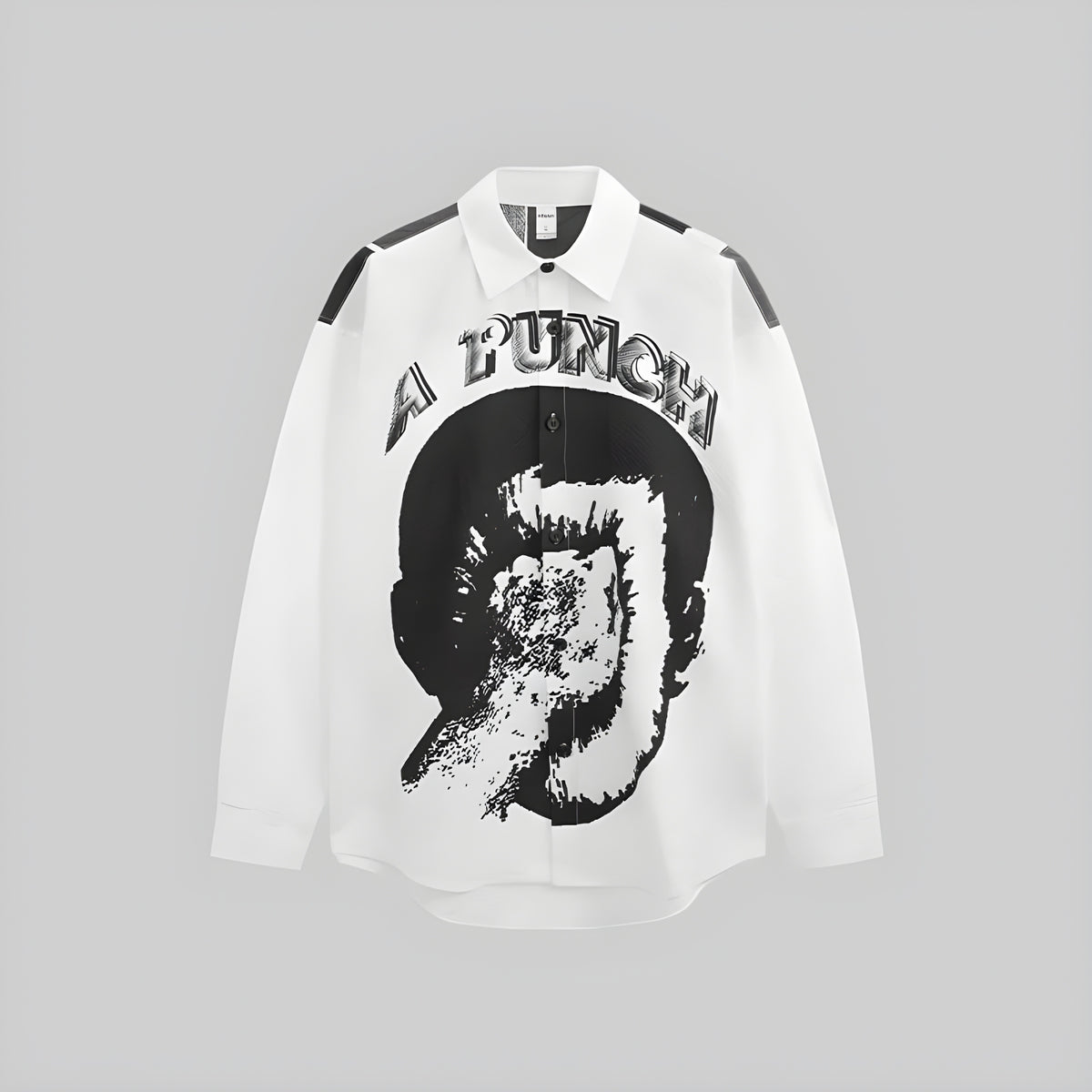 Ivory seersucker button-up shirt with black portrait graphic, long sleeves and collar
