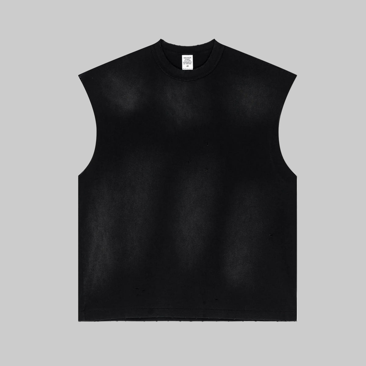 Black distressed sleeveless tee with crew neck and worn speckles