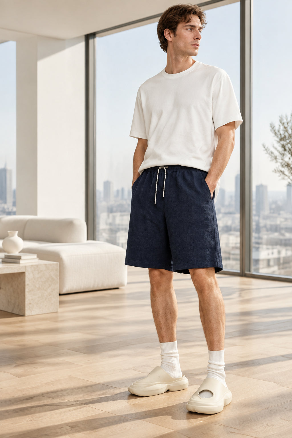 Waffle lounge shorts in dark navy, drawstring elastic waistband, relaxed short length.
