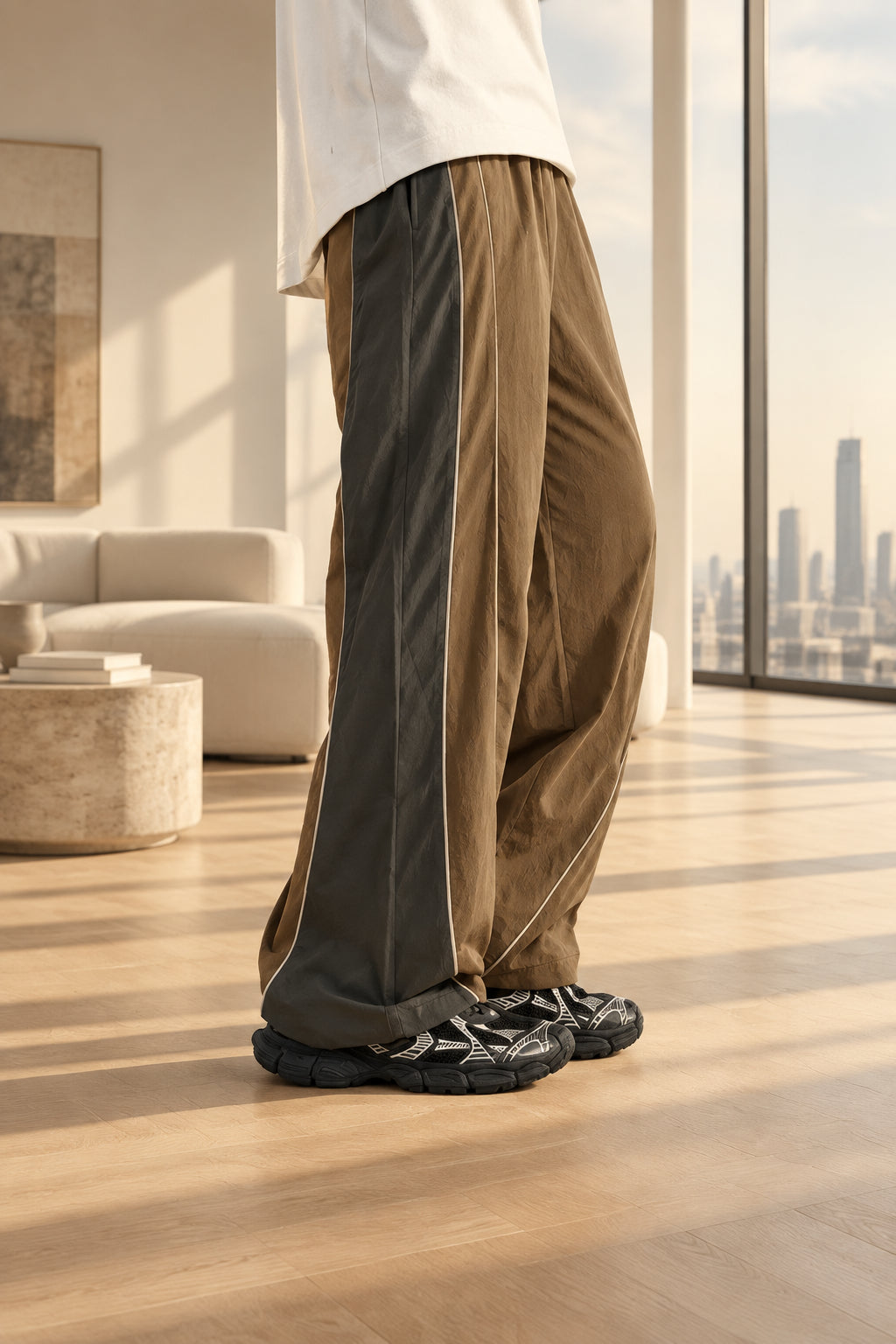 Walnut reflective stripe trousers with vertical reflective stripes, elastic waist, loose fit
