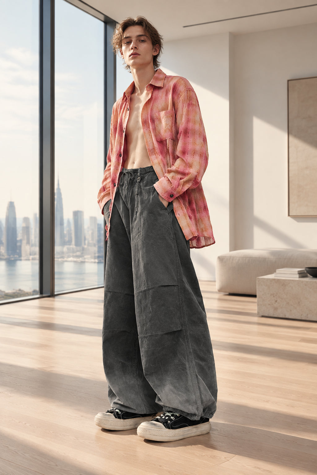 Dark utility trousers with drawstring waist and wide cargo silhouette, side pockets.