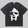 Dark charcoal retro graphic tee with white skull-like face print on the front