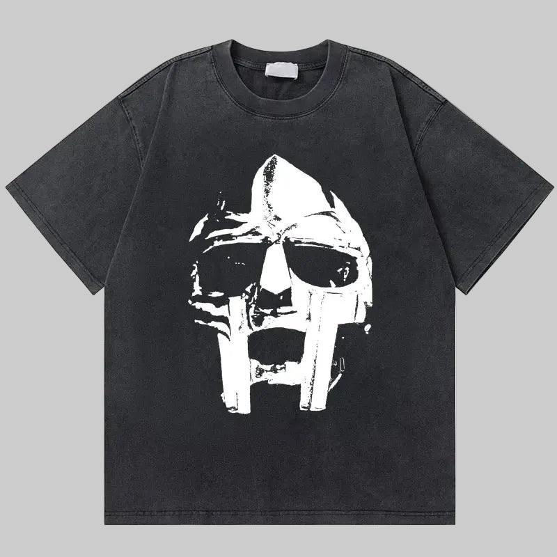 Dark charcoal retro graphic tee with white skull-like face print on the front