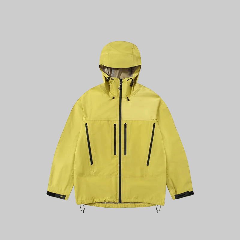 Windproof hardshell coat with hood, bright yellow, front zip and drawstring hem