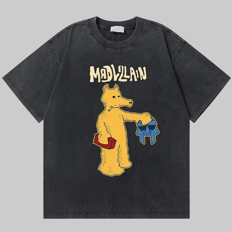 Dark charcoal retro graphic tee with yellow bear graphic holding a blue item