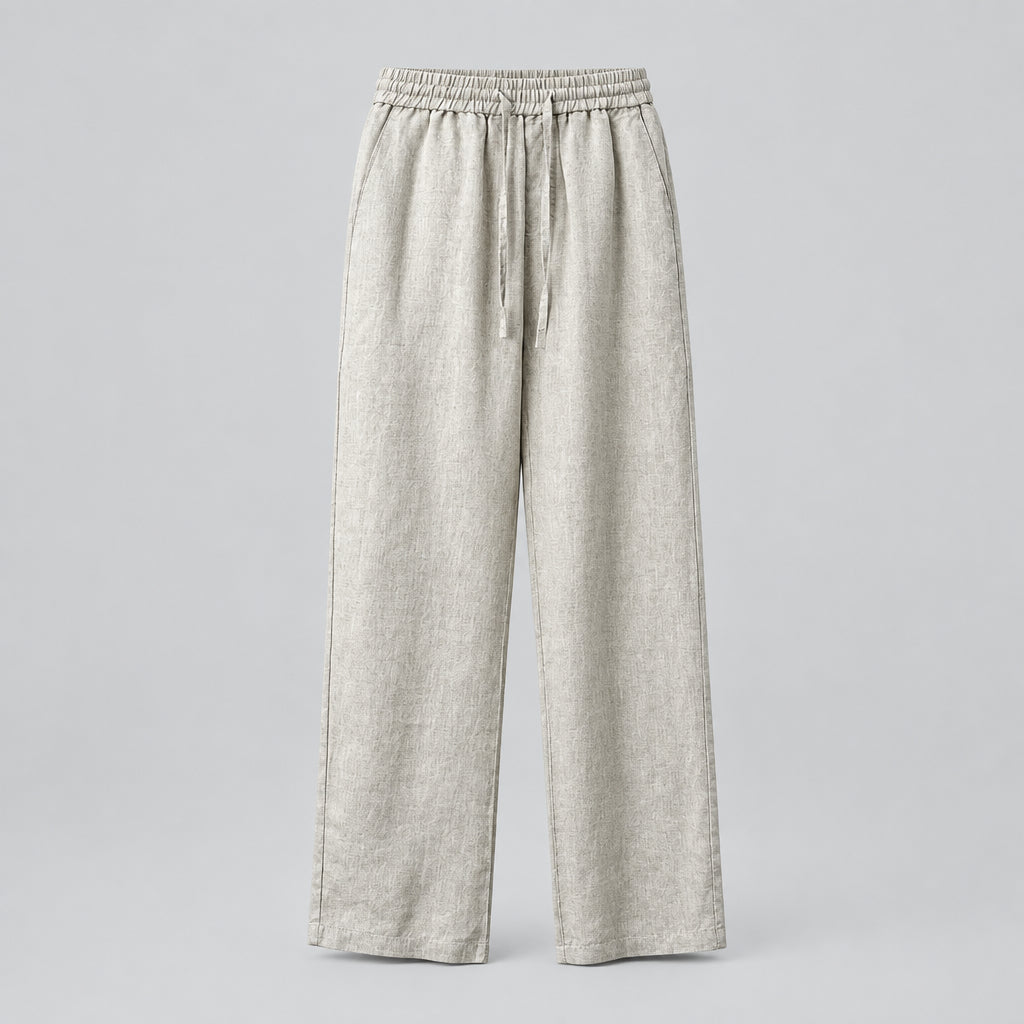 Linen wide-leg trousers in flax beige, elastic waist with drawstring, roomy wide-leg silhouette