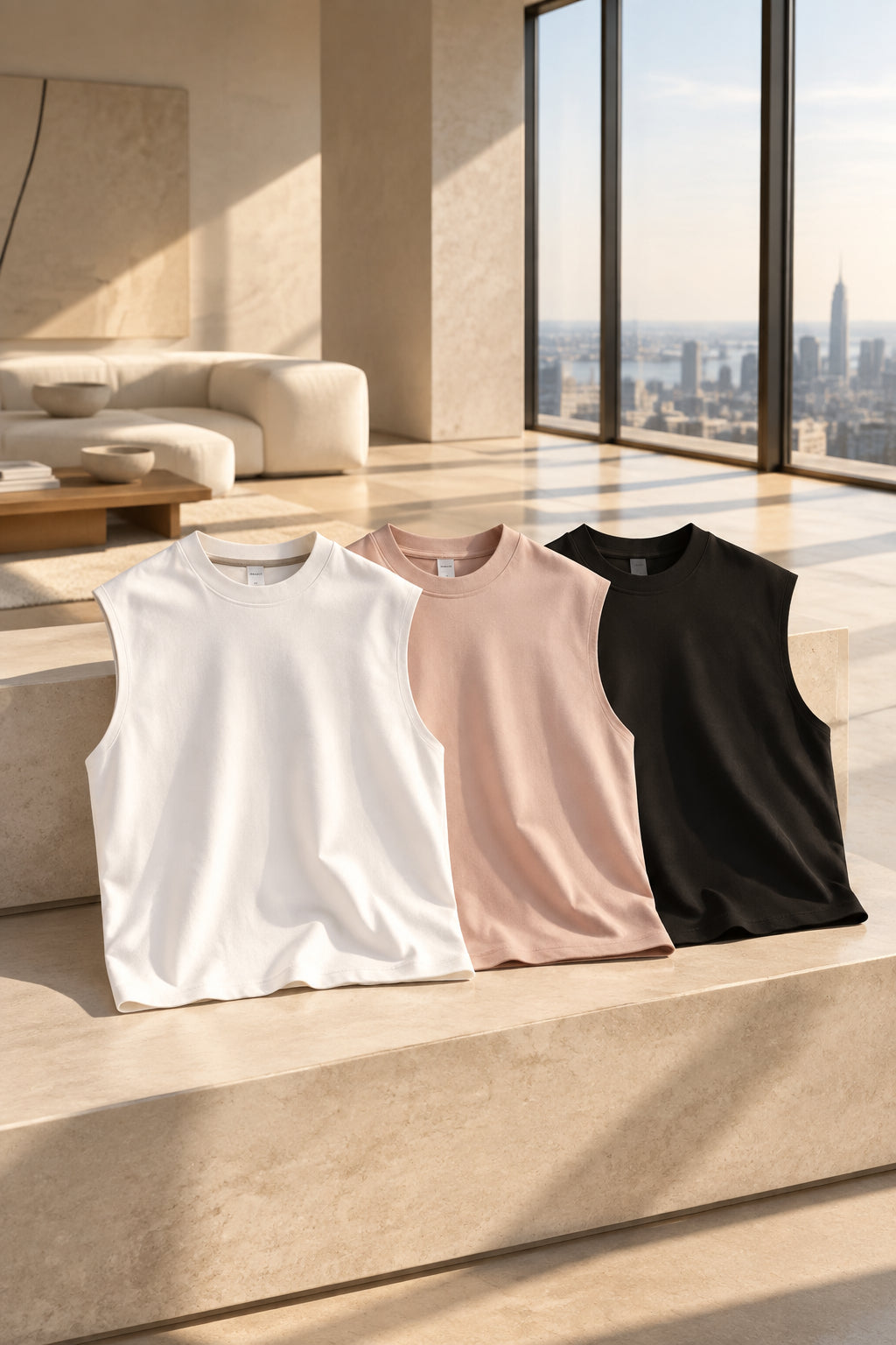 Heavyweight sleeveless crewneck tank tops in white, dusty rose, and black