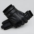 Black shearling leather gloves with ribbed knit cuff and side buckle straps