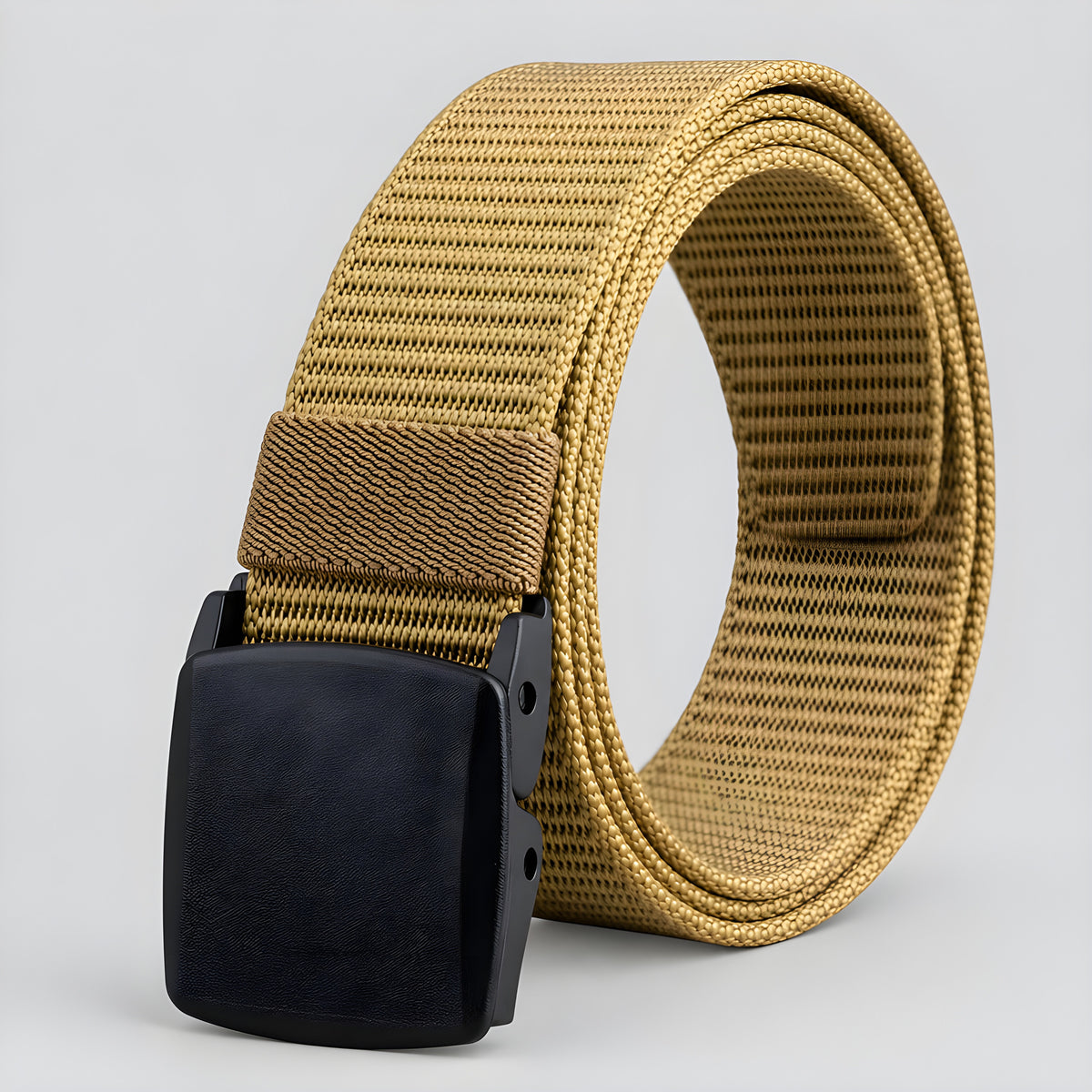 Canvas utility belt with tan webbing and rectangular plastic buckle
