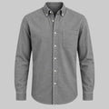 Gray long-sleeve lapel button-up shirt with chest pocket and button front.