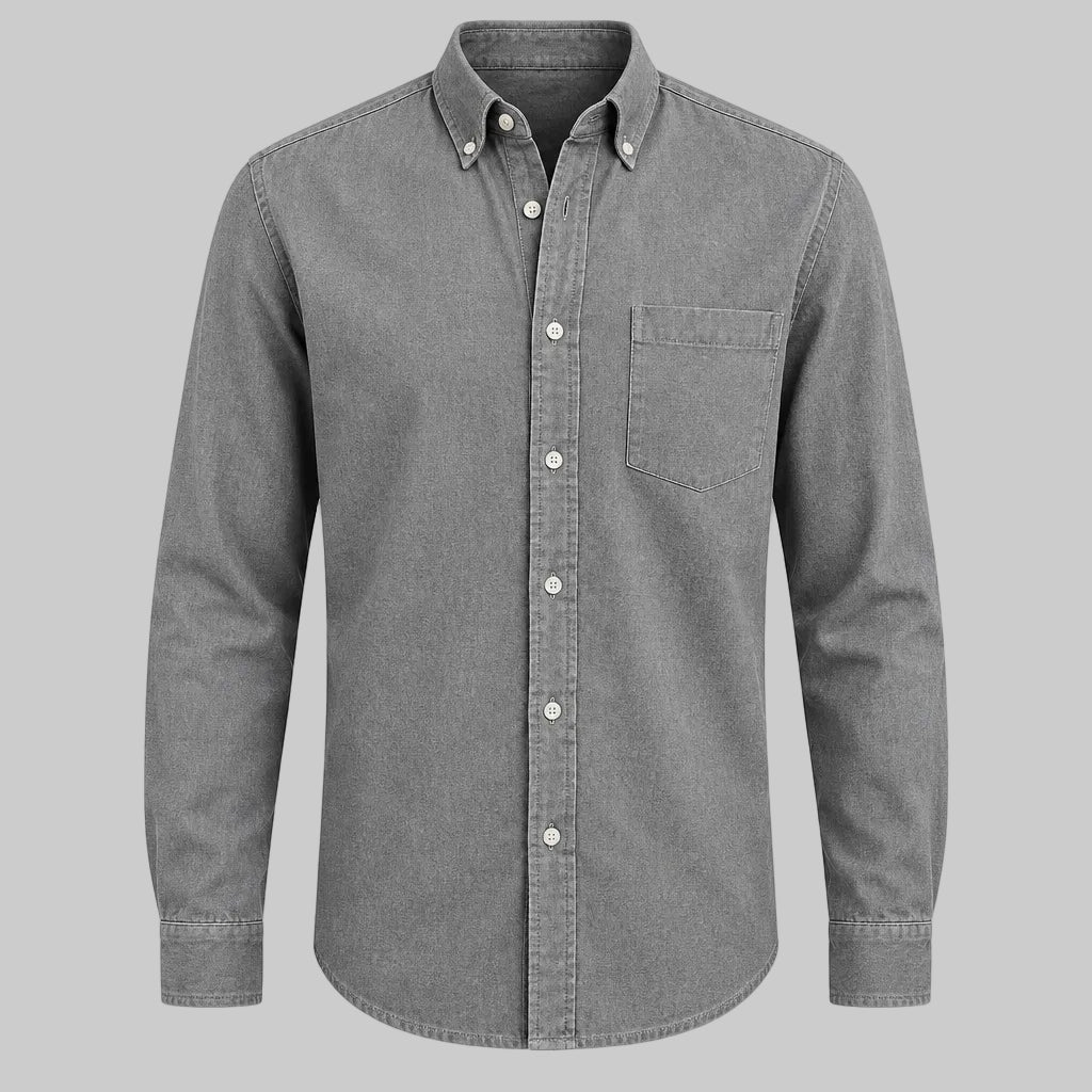 Gray long-sleeve lapel button-up shirt with chest pocket and button front.
