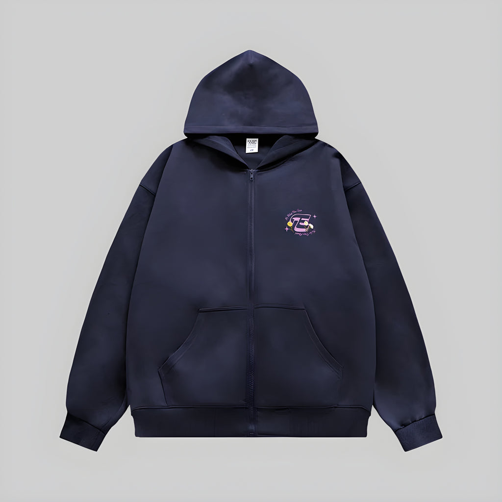 Dark navy embroidered full-zip hoodie with hood and kangaroo-style front pockets