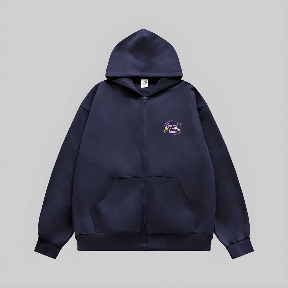 Dark navy embroidered full-zip hoodie with hood and kangaroo-style front pockets
