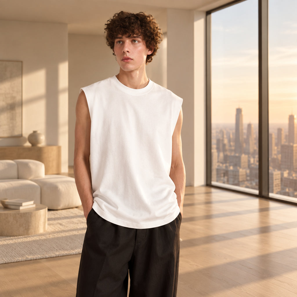 Heavyweight sleeveless crewneck tank top on model, white