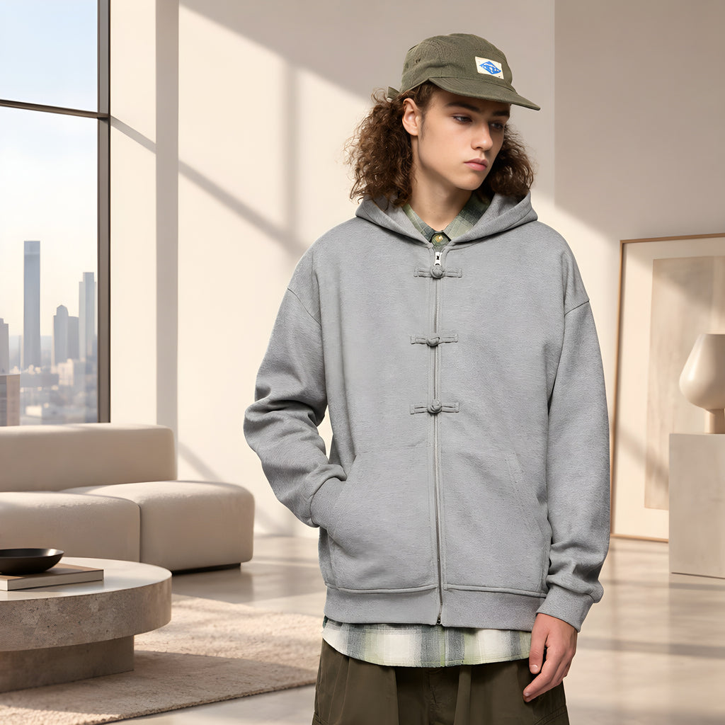 Ash gray fleece zip hoodie with hood, front zipper, and kangaroo pocket