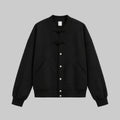 Black fleece baseball jacket with snap-button front and two chest pockets