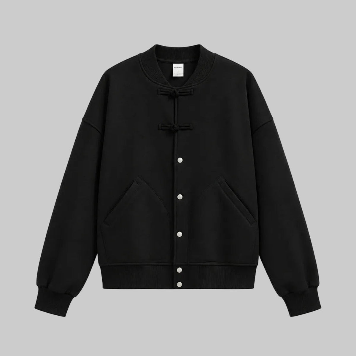 Black fleece baseball jacket with snap-button front and two chest pockets