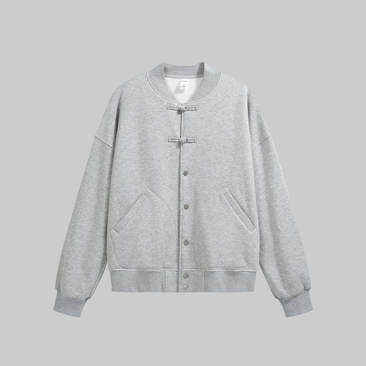 Heather gray fleece baseball jacket with snap-button front and two chest pockets
