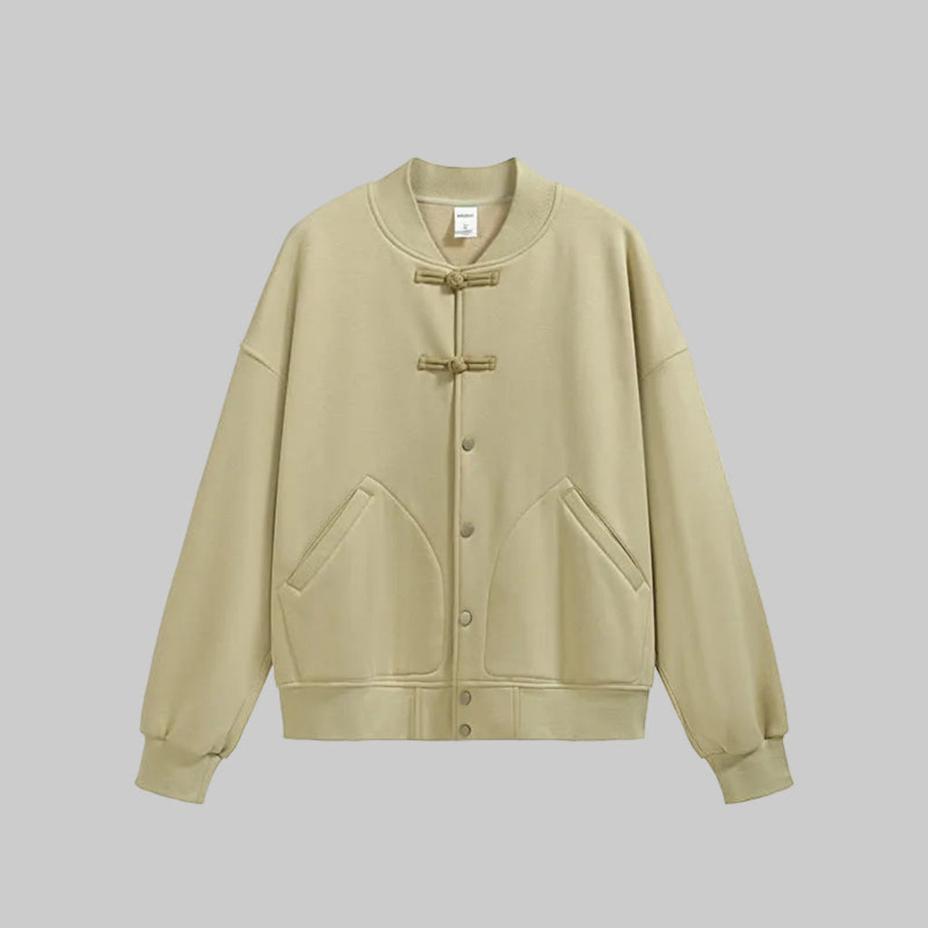 Light cream fleece baseball jacket with snap-button front and two chest pockets