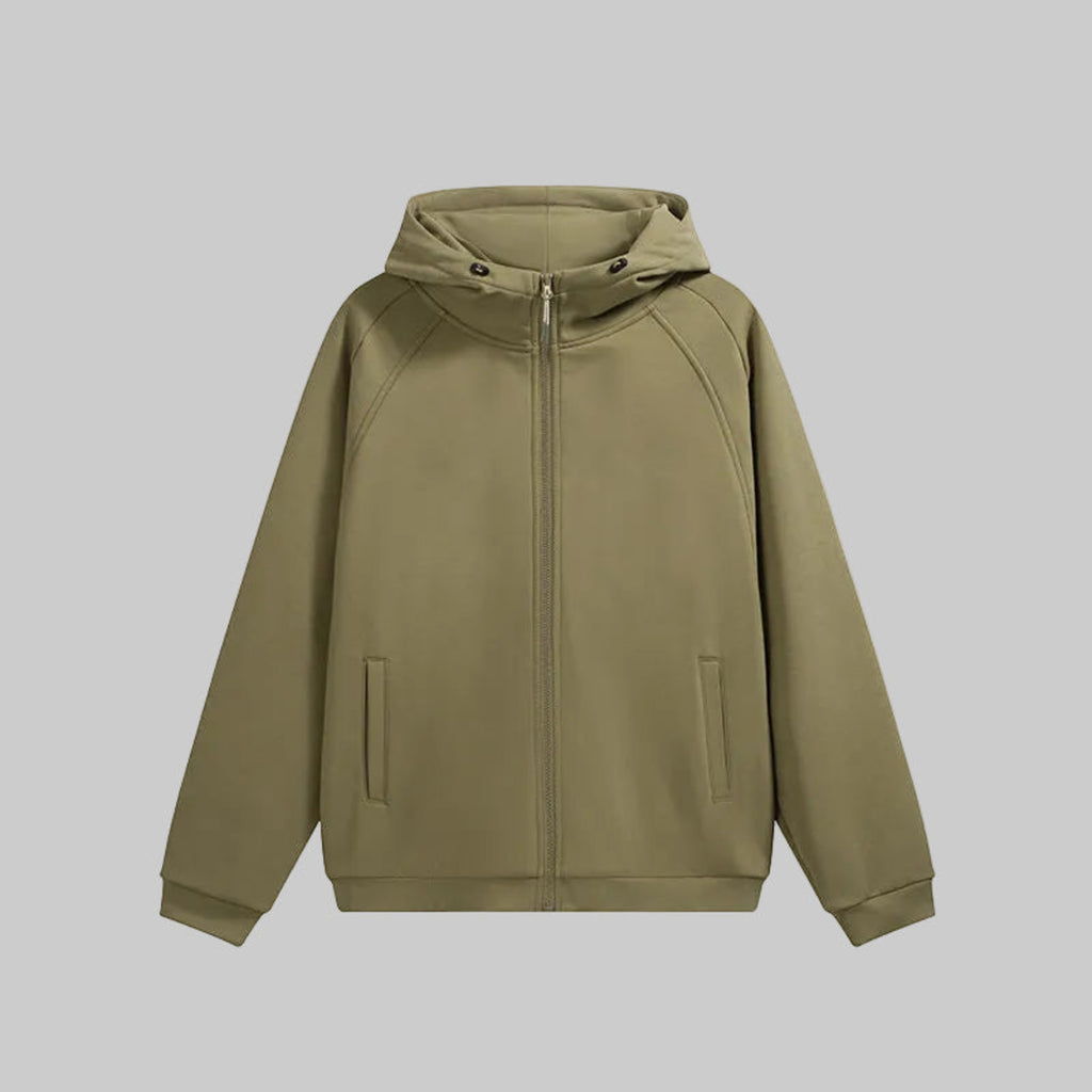 Hooded hardshell jacket in olive green with full-zip front and adjustable hood.