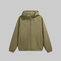 Hooded hardshell jacket in olive green with full-zip front and adjustable hood.