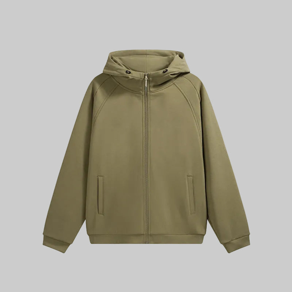 Hooded hardshell jacket in olive green with full-zip front and adjustable hood.