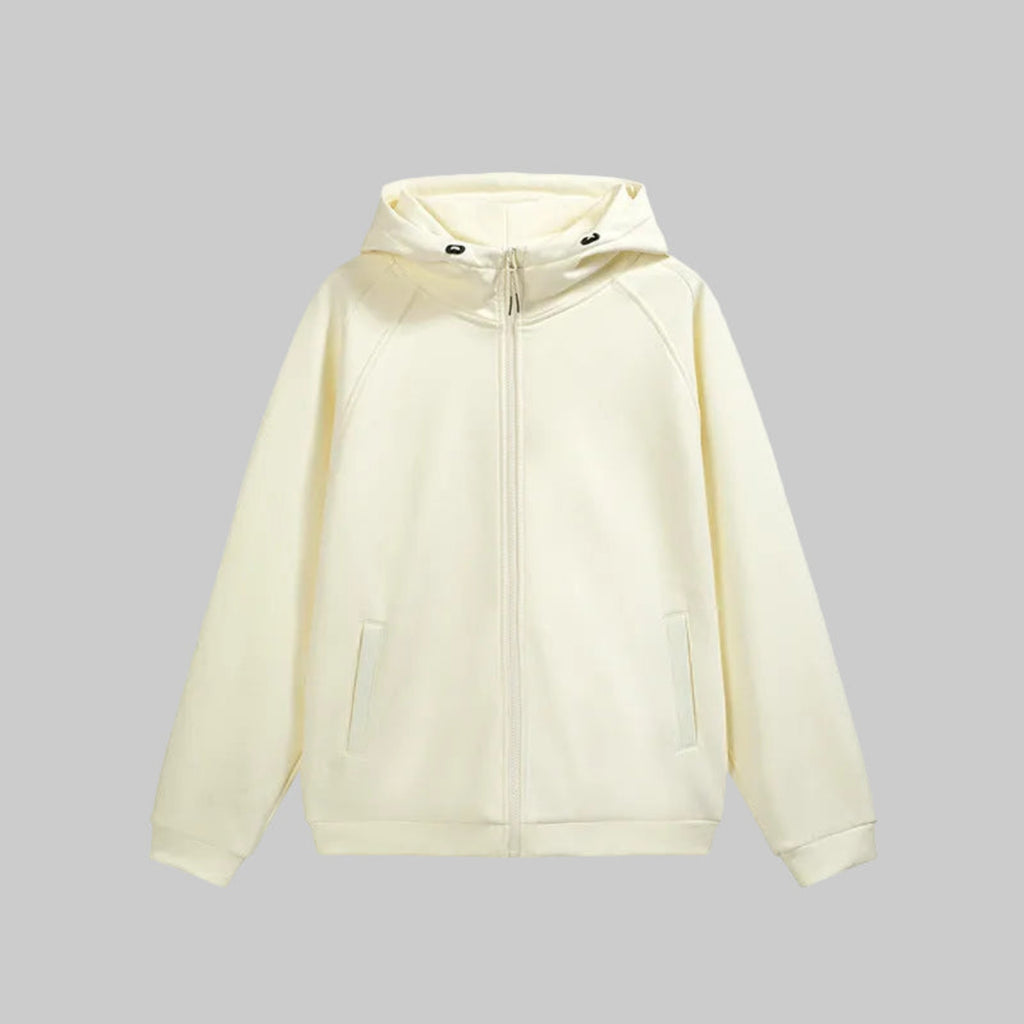 Hooded hardshell jacket in ivory with full-zip front and two side zip pockets.