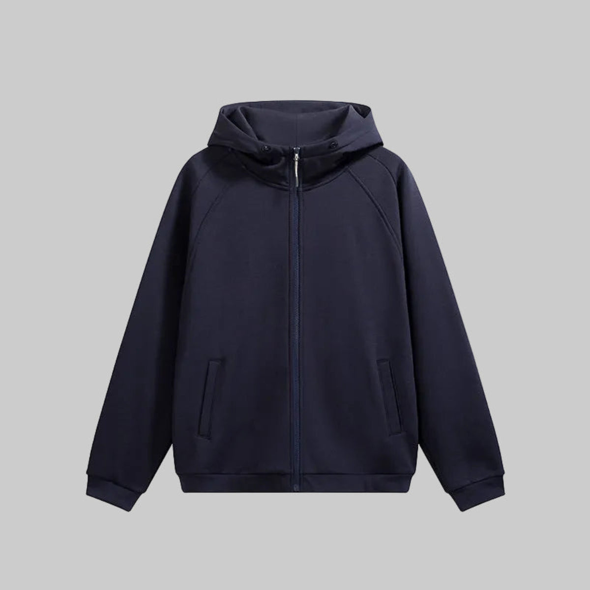 Hooded hardshell jacket in dark navy with full-zip front and adjustable hood.