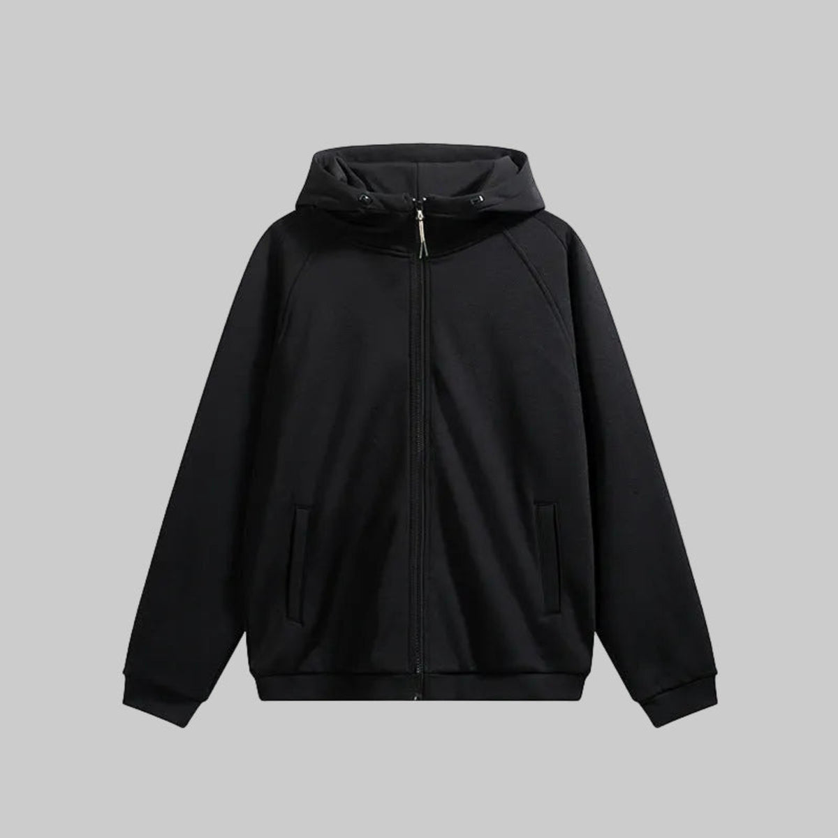 Hooded hardshell jacket in black with full-zip front and adjustable hood.