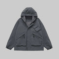 Slate hardshell utility jacket, hooded with snap front and chest pockets