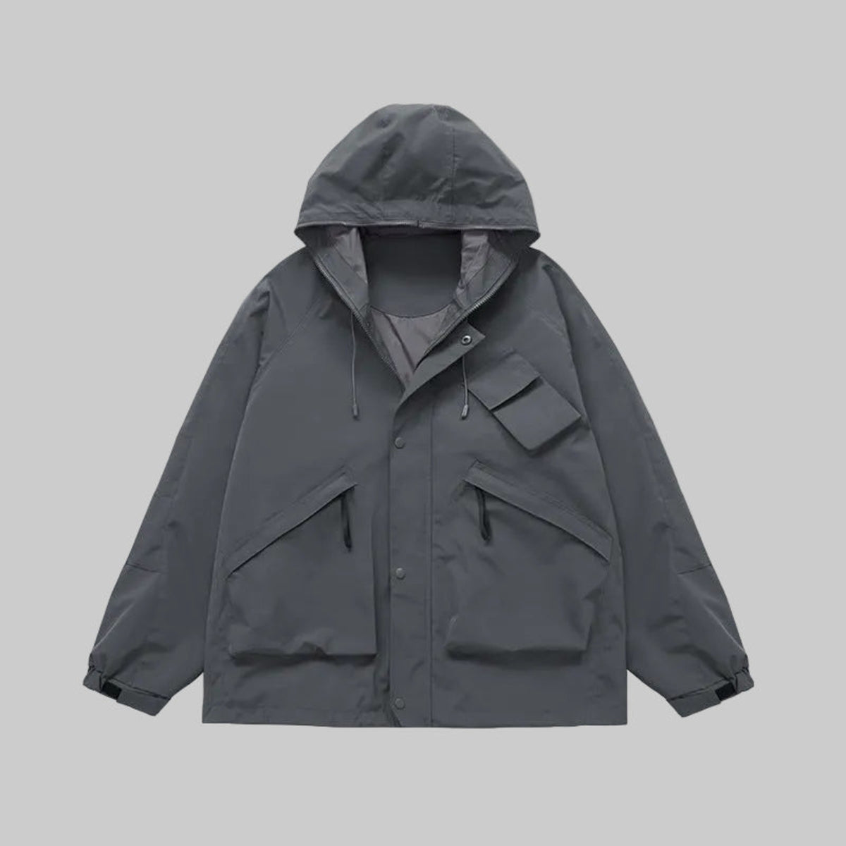 Slate hardshell utility jacket, hooded with snap front and chest pockets