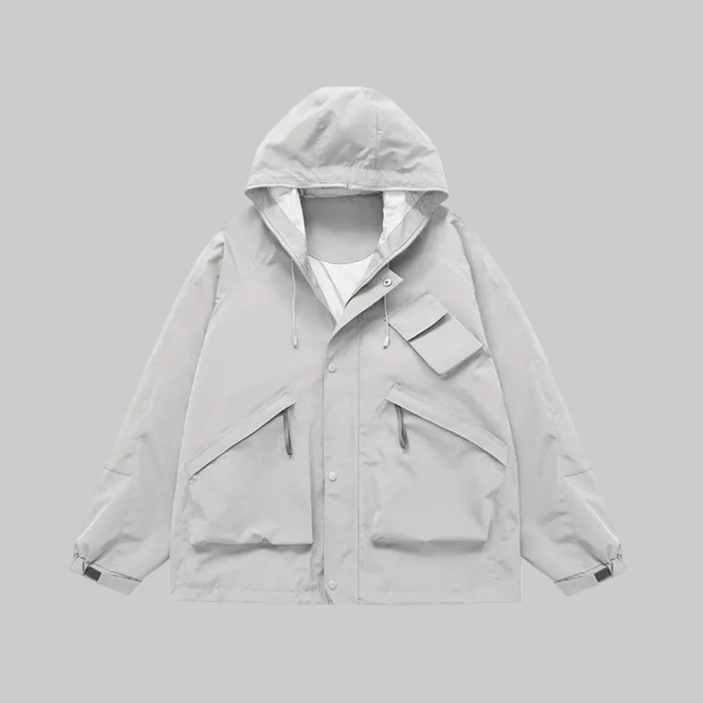 Mist hardshell utility jacket, hooded with snap front and chest pockets