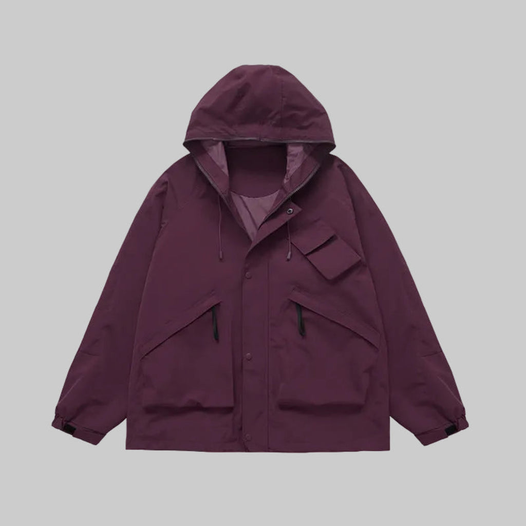 Violet hardshell utility jacket, hooded with snap front and chest pockets