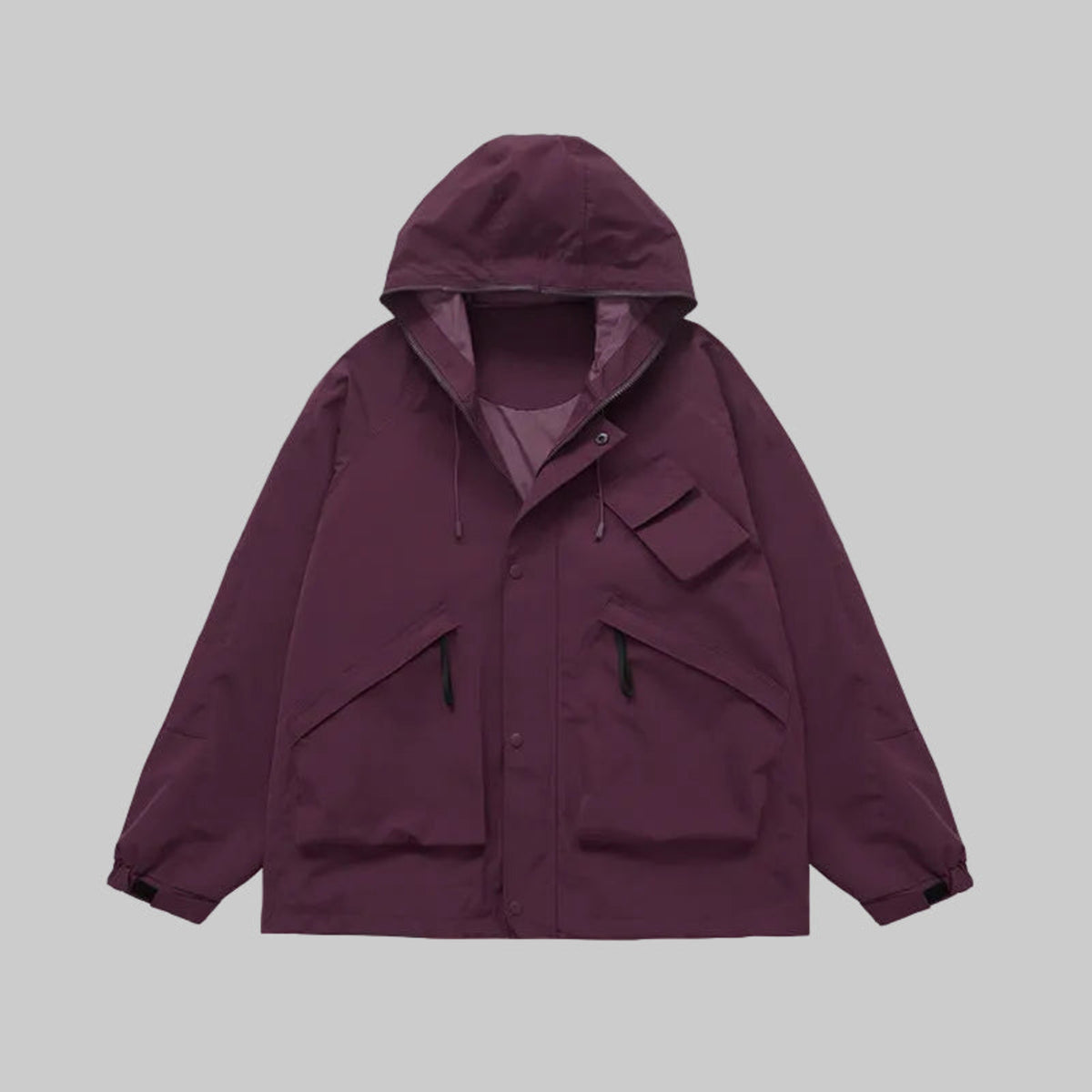 Violet hardshell utility jacket, hooded with snap front and chest pockets