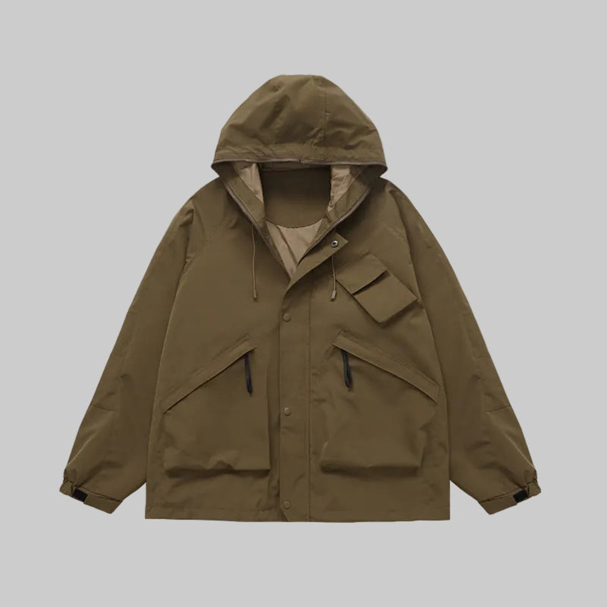Camel hardshell utility jacket, hooded with snap front and chest pockets