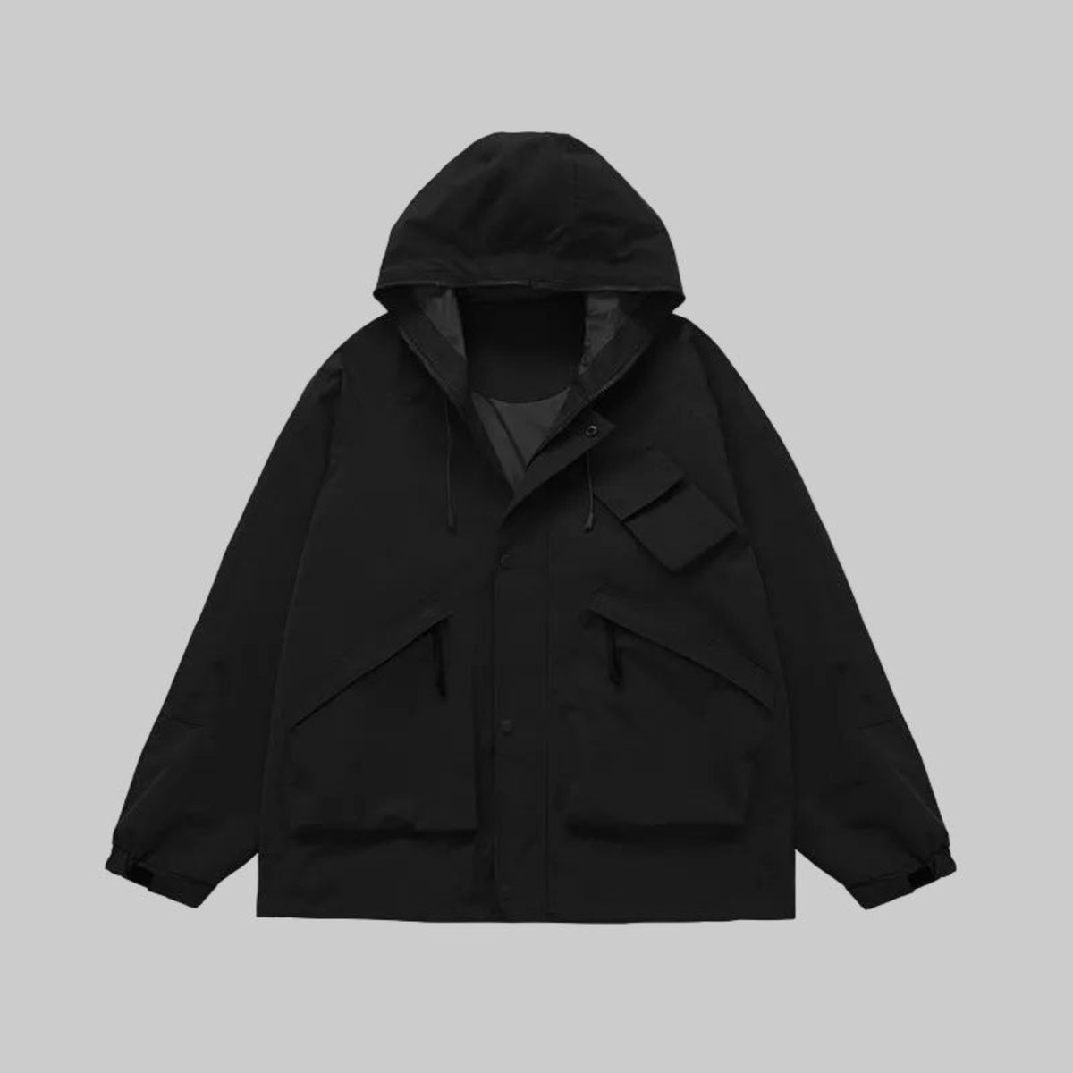 Obsidian hardshell utility jacket, hooded with snap front and chest pockets