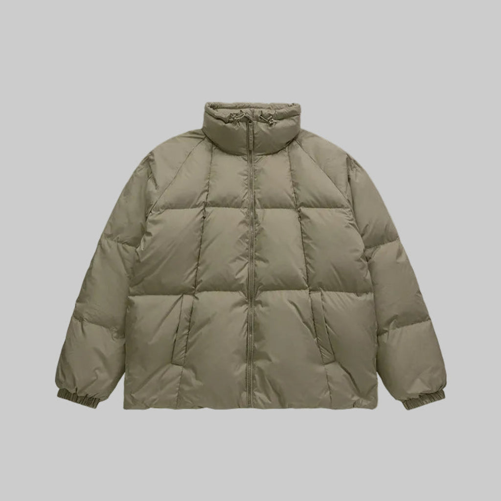 Olive high-collar puffer down coat with quilted panels and full zip