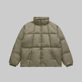 Olive high-collar puffer down coat with quilted panels and full zip