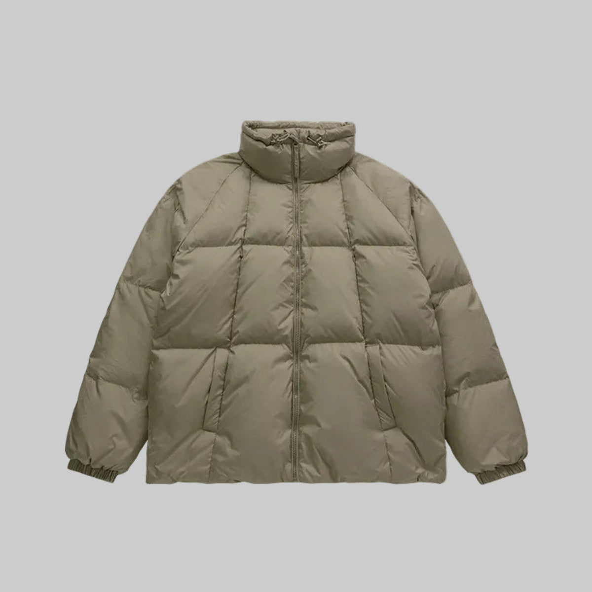 Olive high-collar puffer down coat with quilted panels and full zip