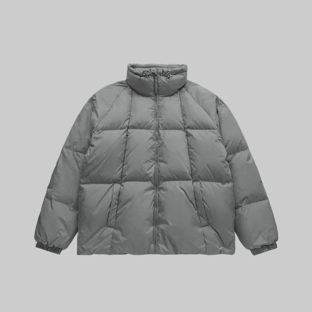 Light grey high-collar puffer down coat with quilted yoke and full zip
