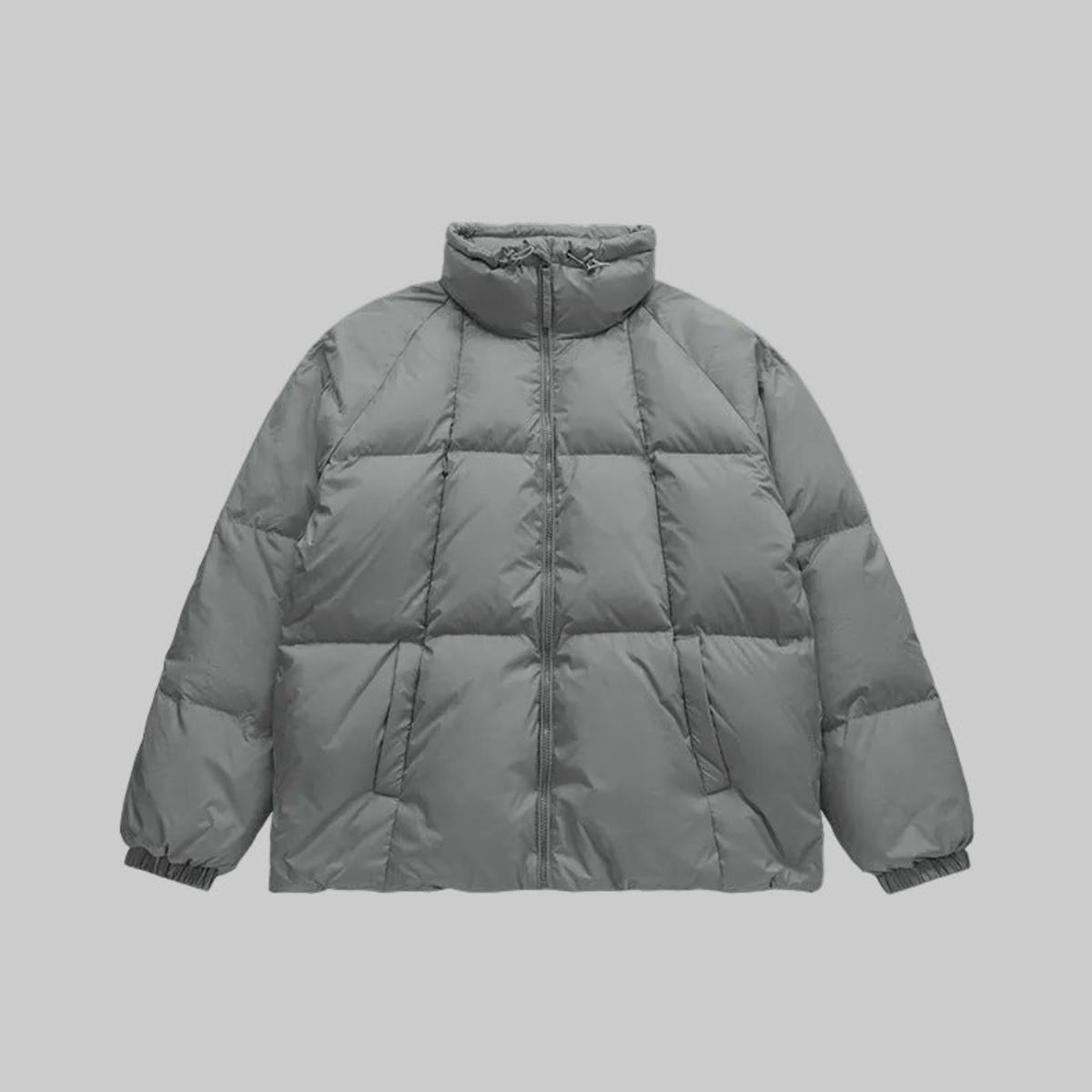 Light grey high-collar puffer down coat with quilted yoke and full zip