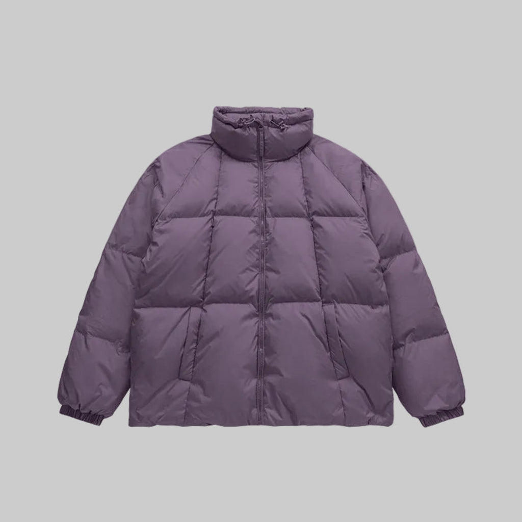 Violet high-collar puffer down coat with quilted panels and full zip