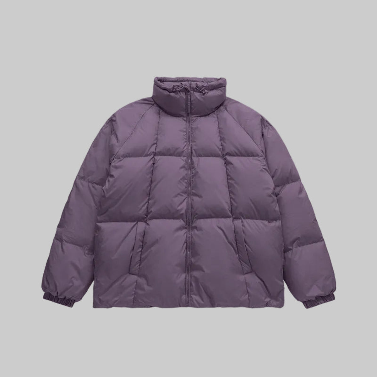 Violet high-collar puffer down coat with quilted panels and full zip