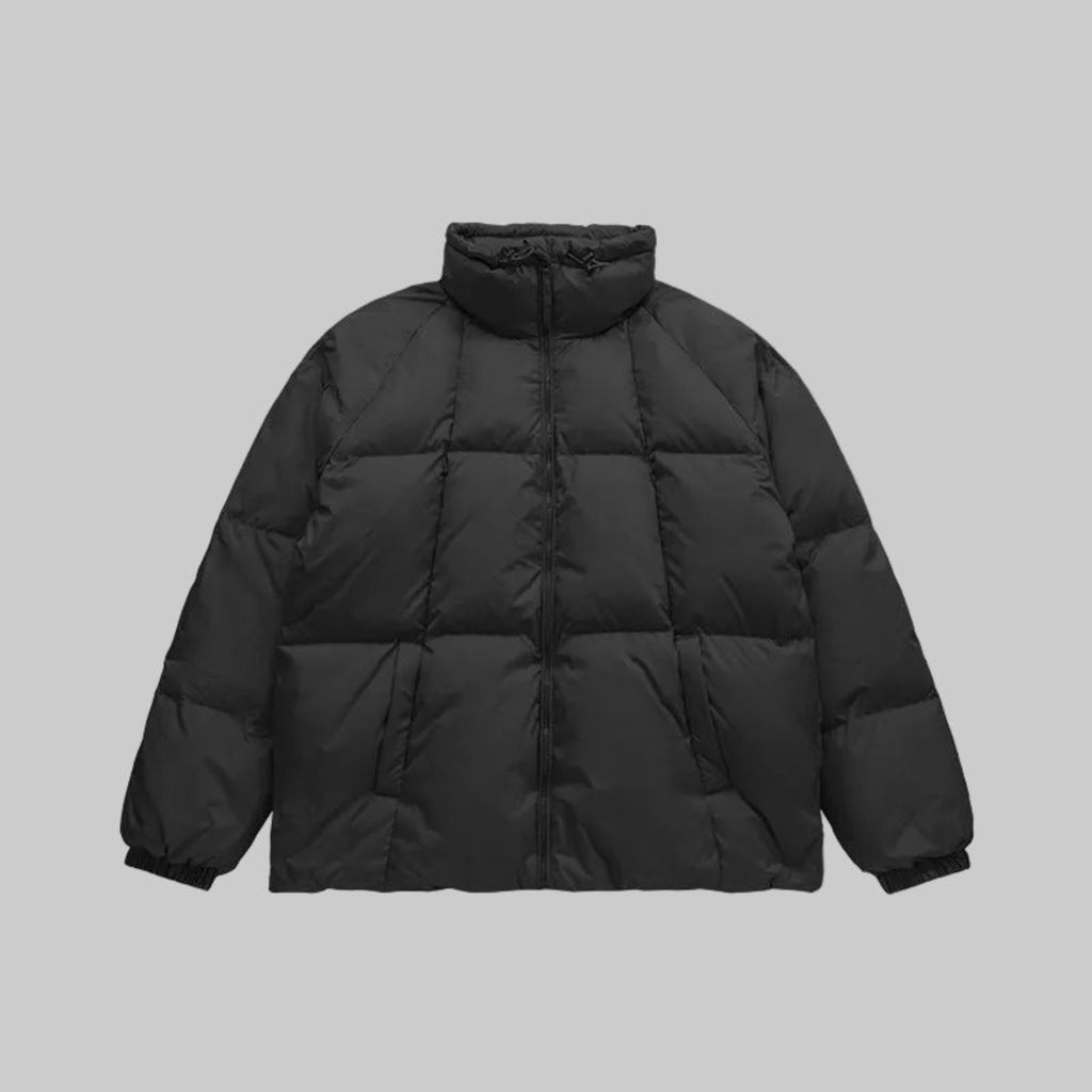Black high-collar puffer down coat with quilted panels and full zip