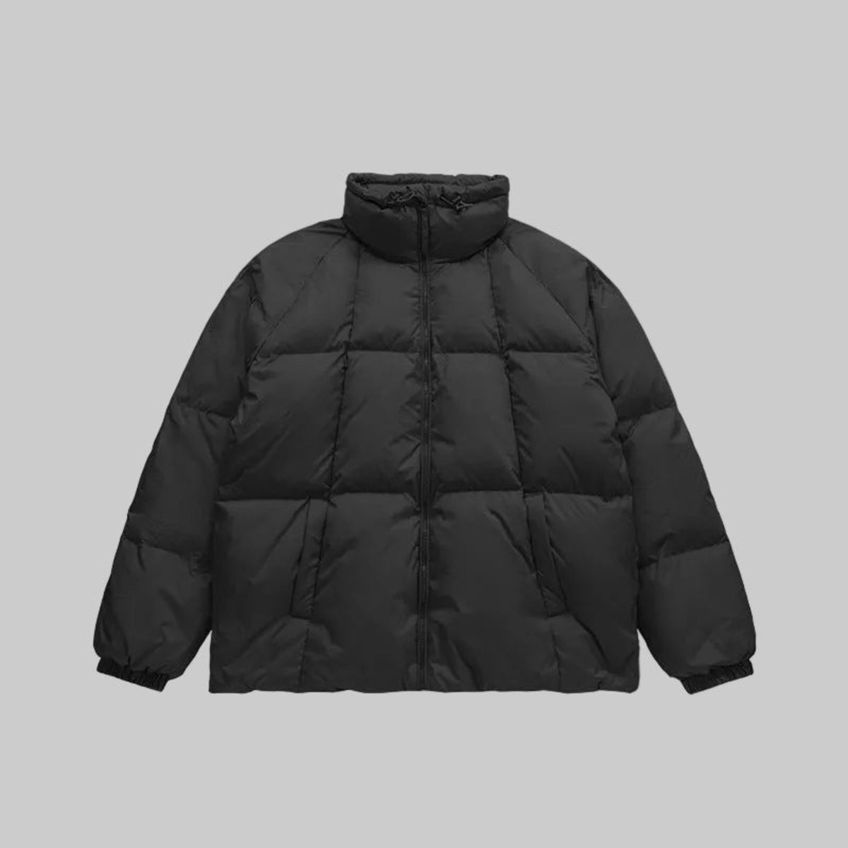 Black high-collar puffer down coat with quilted panels and full zip