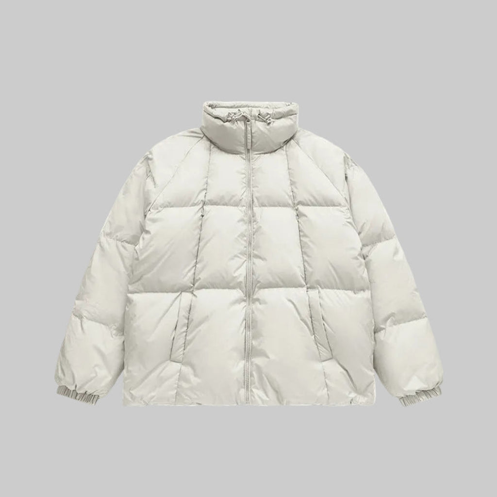 Off-white high-collar puffer down coat with quilted panels and full zip