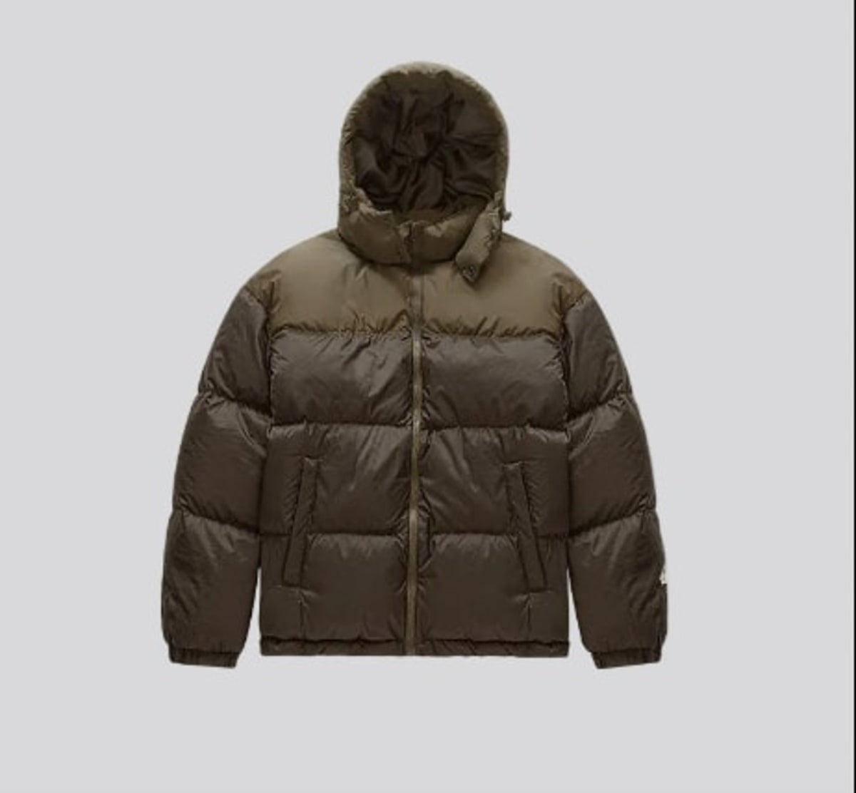 Walnut high-collar down puffer jacket with hood and front zipper