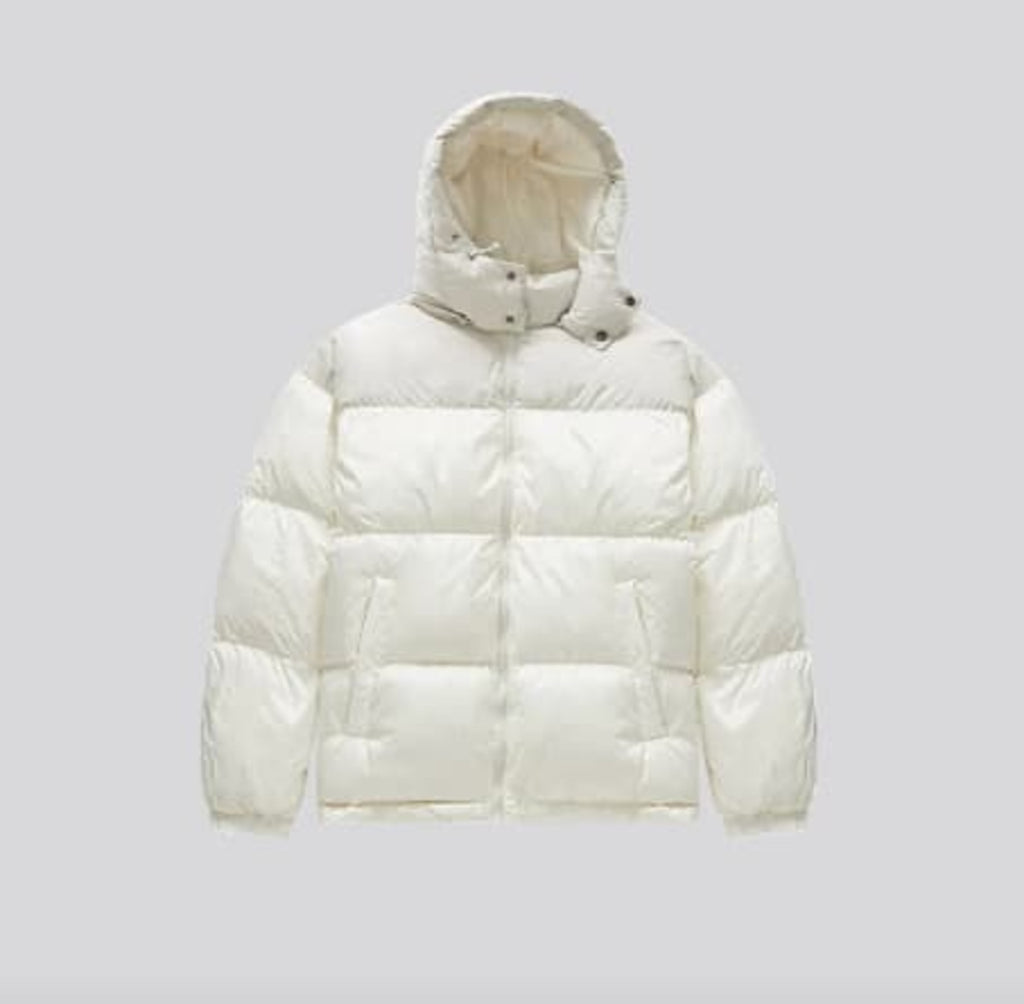 Ivory high-collar down puffer jacket with hood and front zipper